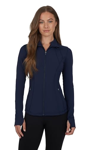 Yogalicious Womens Full Zip Yoga Jacket Ultra Soft Lightweight Running Jacket with Pockets - Dark Navy Nude Tech - Large