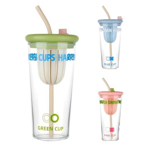 Image of Glass Tumbler with Straw & Silicone Lid - 450ml, Set of 1, Reusable Drinking Cup with Built-in Fruit Infuser, Leakproof Water Cup for Juice, Milk & Smoothies, Clear Glass Travel Mug