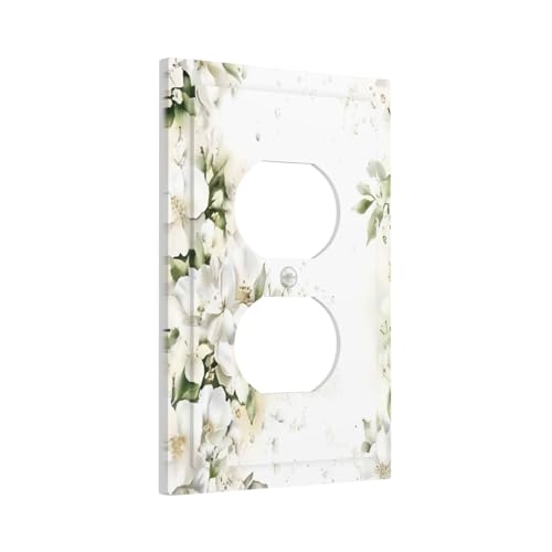 Decorative Outlet Covers Rustic Ink Green Leaves White Florals Flower 1 Gang Duplex Light Switch Cover Plate Unique Wall Plate Electrical Switch Plate Covers for Bedroom Home Decor