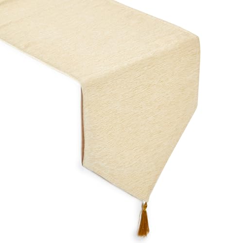 Image of Encasa XO Fine Chenille Table Runner for Dining with V-End and Tassels, 4 Seater Size 32x150 cm - Cream | Decorative Cloth for Party, Wedding, Home, Cafes, Restaurants & Hotels