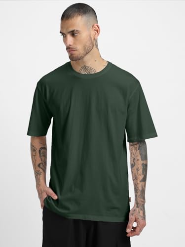 Image of Veirdo Oversized Baggy Fit Drop Shoulder Half Sleeves Round Neck Solid Pure 100% Cotton T-Shirt for Men (Available in White, Black, Mustard, Maroon, Green, Lilac, Navy, Red Color)
