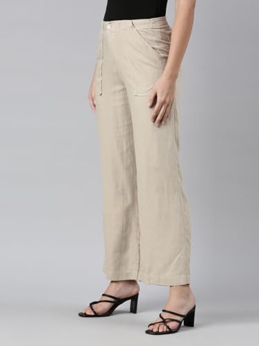 Image of GO COLORS Solid Linen Cargo Pants for Women | Full Length, Mid Rise, Side Pockets