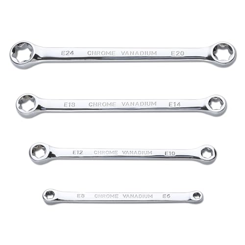 LEONTOOL Jeu de 4 clés E-Torx, jeu de clés étoilées, jeu de clés à double extrémité E6 E8 E10 E12 E14 E18 E20 E24, jeu de clés à double anneau en E,...