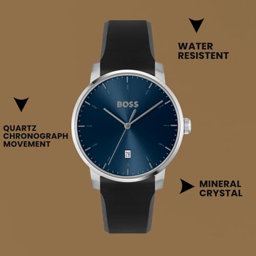 Image of Hugo Boss Dean Qtz Basic Calendar Blue Round Dial Analog Men's Watch|Black Silicone Material|Black Color Band - 1514131