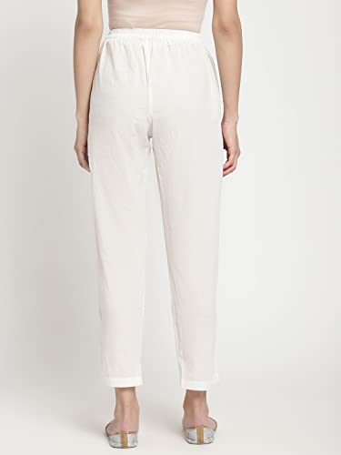 Image of Women's White Cotton Straight Fit Trouser | Ankle Length Casual Pants for Women | Mid Rise Comfortable Stretchable Bottom Wear with Pocket