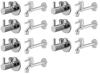 Spazio Stainless Steel Turbo Angle Valve With Long Body Combo Pack Foam Flow Water Taps With Wall Flange (Pack of 7) (Chrome Plated, Brass Disc)
