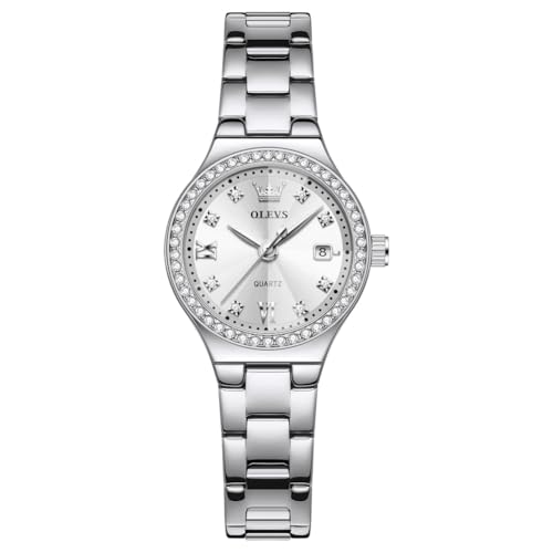 Image of OLEVS Watch Women Silver Watch for Women Luxury Diamond Womens Watches for Small Wrist Stainless Steel Waterproof Analog Quartz Date Elegant Reloj para Mujer