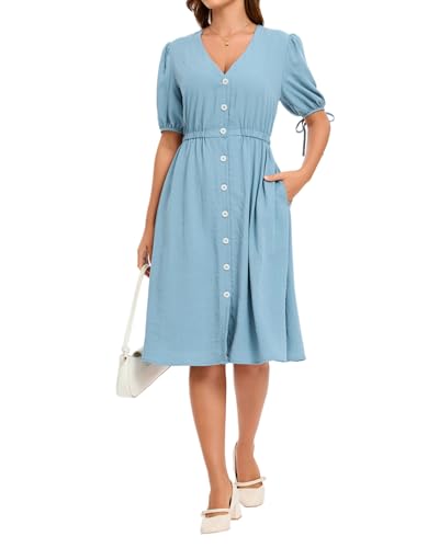Image of Women Linen Rayon Blend Midi V Neck Button Front Elastic Waist Puff Sleeve Tie Casual Summer Dress