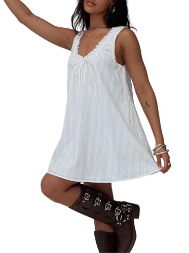 Womens Babydoll Tank Dress Y2k Lace Trim V Neck Mini Dress Loose Aesthetic Sleeveless Flowy Backless...