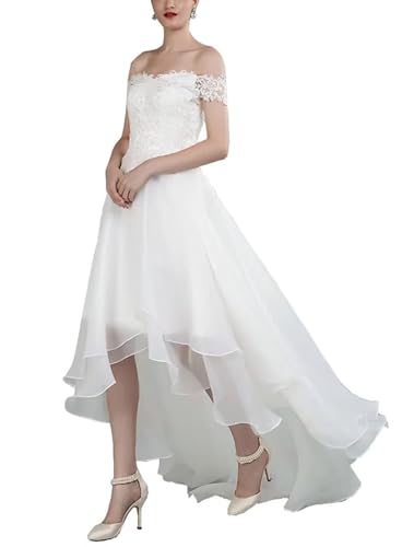 High Low Wedding Dresses for Bride Off The Shoulder Tulle A Line Long Lace Applique Bridal Dress for Women