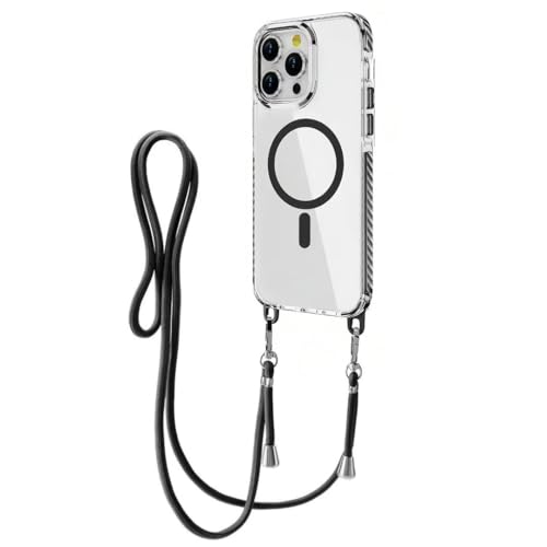 yanasuo Magnétique Coque pour iPhone 13 Pro avec Cordon de Collier,Compatible avec MagSafe,Ultra Mince Transparente Housse avec Collier,Contre Les Chutes Anti-jaunissement-Noir