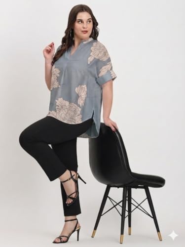 Image of SINDOORI Relaxed Fit Tops for Women Plus Size Solid Printed Mandarin Collar, Band Collar, V-Neck Top, Half Sleeve Loose Fit