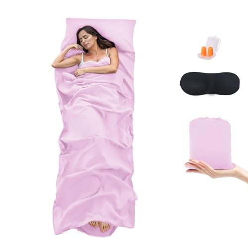 BREENHILL Forro para saco de dormir, sábanas de camping y sábana de viaje, albergues y saco de dormir para adultos de viaje, para mochileros, hoteles, ligero, individual y doble, color rosa