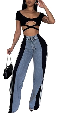 Women's Loose Denim Jeans with Patchwork Stripes High Waist Color Block Wide Leg Pants2