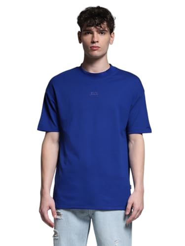 Image of Jack & Jones Men's Solid Round Neck Cotton Relaxed Fit T-Shirt | Boxy Fit | Drop Shoulders