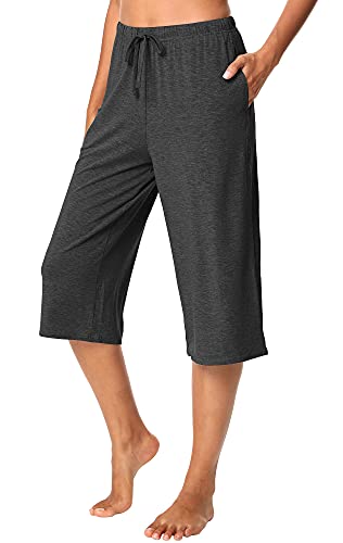 Wiwi Bamboo Capri Pants For Women Capris Wide Leg Pajama Bottoms With Pockets Knit Lounge Sleep Pj Drawstring S-Xxl, Charcoal Heather, X-Large #TOP1