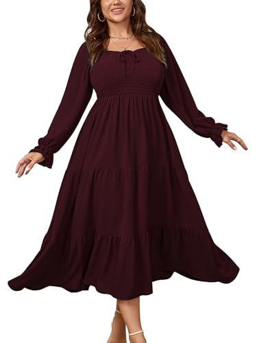 Womens Plus Size Flowy Maxi Dress Long Sleeve Square Neck Smocked A Line Formal Long Dresses for Women Wedding Guest