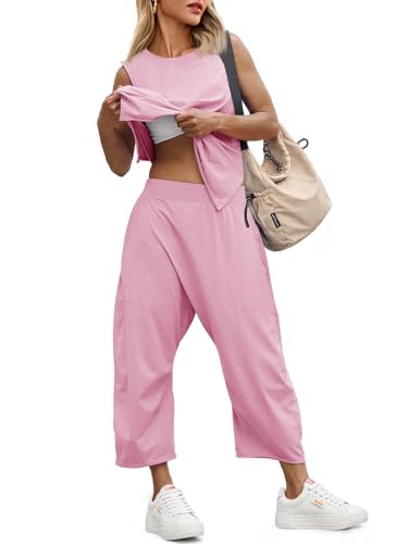 Ensemble 2 pièces femme d'été à jambes larges et haut sans manches pour tenue décontractée