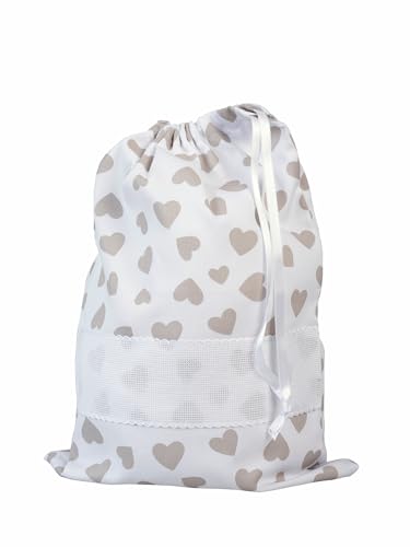 Filet - Bolsa de cesta bebé com fecho de cordão para bordado, fabricada em algodão Piquet estampado, fabricada na Itália, fantasia corações bege, moderno, Fantasia corações bege, Moderno