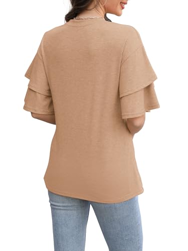 Camiseta Mujer Verano 2025, Tops Cortos con Cuello Redondo & Blusa Casual con Volantes - Camisetas de Manga Corta/Tres Cuartos, Moda Cómoda para Diario/Fiesta/Playa Khaki 2XL