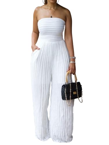 XYZDRESSOR Women Sexy Strapless Tube Backless Jumpsuit See Through V Neck Tie Pleated One Piece Wide Leg Long Pants Romper White S