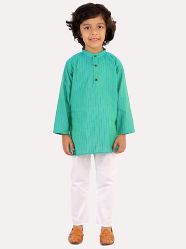 Image of superminis Baby Boys Traditional Ethnic Wear Handloom Cotton Solid Pattern Kurta With White Pyjama Set