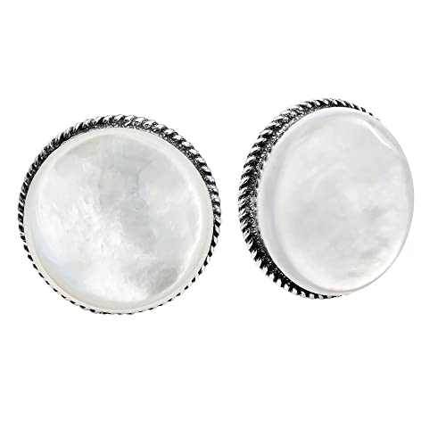 Classic 16 mm Round White Mother of Pearl Button .925 Sterling Silver Clip On Earrings