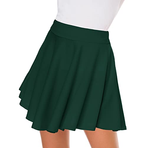 Afibi Casual Mini Stretch Waist Flared Plain Pleated Skater Skirt (X-Small, Dark Green) #TOP3