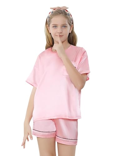 Girls Silk Pajamas Set, Satin Crewneck Nightwear Button-Down Sleepwear2