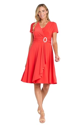 Image of R&M Richards Women's Cascade Wrap Dress with V-Neck & O-Ring Rhinestone Buckle, Work to Weekend Short Sleeve Flowy Silhouette