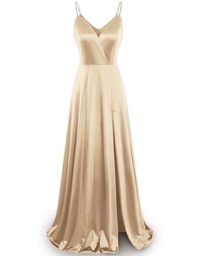 MUXXN Women's Gorgeous Spaghetti Strap V Neck Stain Split Evening Party Maxi Dress