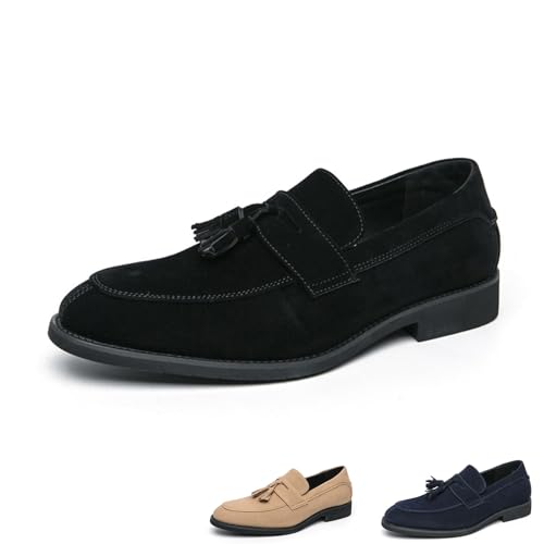 Men's Suede Leather Tassel Decorated Penny Loafers Lightweight Breathable Round Toe Slip-On Low Block Heel Business Dress Shoes for Work Office Daily Wear