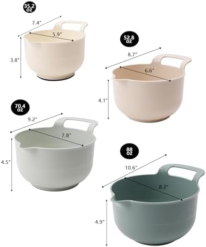 Mixing Bowls - 4 Piece Nesting Plastic Mixing Bowl Set with Pour Spouts and Handles - Non Slip Bottom and Measurement Markings (Light Green) - Thumbnail 2