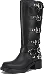 Athlefit Womens Knee High Boots Square Toe Motorcycle Boots with Fashion Buckle Biker Boots for Women Chunky Mid Heel Wide Calf Riding Boots
