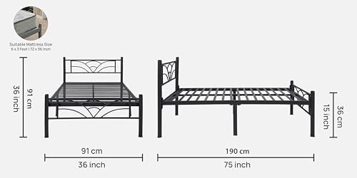 Image of Zyra Metal Extra Single Size Bed Without Storage | Wrought Iron Cot with Headboard & Footboard| Sturdy Powder Coated Platform Bed Extra Single Size Cot for Bedroom (Zyra Black)