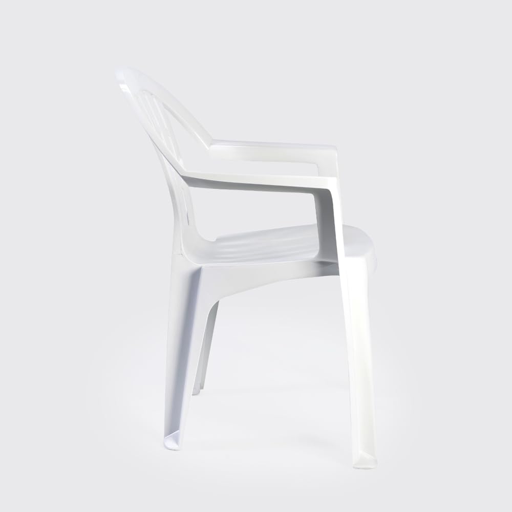 Pack 4 Sillas Jardín para Exterior de Plástico Apilable Blanca con Reposabrazos | para Jardín, Terraza, Playa y Camping | Silla Ergonómica de PVC, Cómoda y Resistente