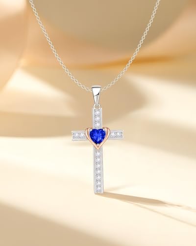 Birthstone Cross Necklace for Women, 925 Sterling Silver Heart Cross Pendant Necklace, Fine Cross Jewelry Birthday Anniversary Mother's Day Gifts for Her Mom Wife, 18"+2" Adjustable3