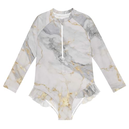 ALAZA Toddler Swimsuit Girl Bathing Suit Swimwear Rash Guard White Marble Long Sleeve 3T