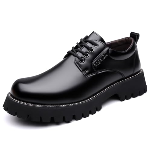 Mens Patent Leather Lace-Up Platform Dress Oxfords Shoes Casual Round Toe Non Slip Chunky Heels Derby Shoes for Formal Business Wedding