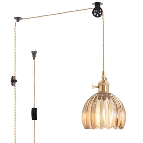 Image of Shenmoyl Plug in Pendant Light Hanging Light Fixture Corded On /Off Switch Brass Pendant Light with Amber Tulip Glass Lampshade for Bedroom Living Room Kitchen Island