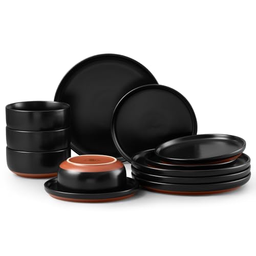 Homikit 12-Piece Dinner Stoneware Set Reactive Glaze Plates and Bowls Dishware with Rustic Terracotta Underside Non-Toxic & Scratch Resistant Microwave and Dishwasher Safe - Matte Black