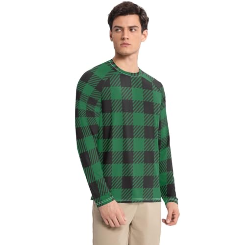 Green Black Plaid Long Sleeves UPF 50+ Classic Crew Neck Elasticity Rash Guard Long Sleeve Beach3