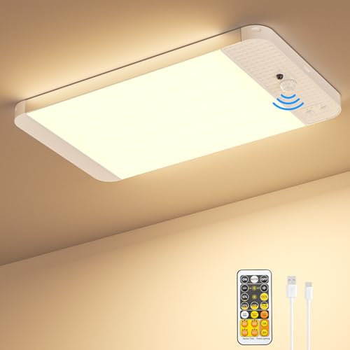 Akku Deckenleuchte mit Bewegungsmelder Innen USB Aufladbar Kabellos Lampe mit Bewegungsmelder Led Deckenlampe Dimmbar mit 5000mAh Batterie Fernbedienung ohne Bohren 3 Farbmodi für Badezimmer Keller