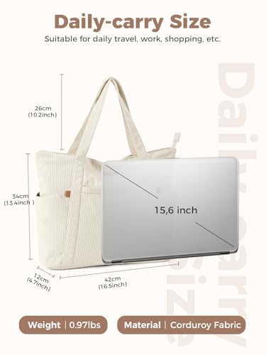Lekespring Cord Tasche Damen, Groß Tote Bag Strandtasche mit Reißverschluss, Shopper Tasche Damen Laptoptasche mit 15.6 Zoll Laptopfach, Elegant Handtasche Umhängetasche für Arbeit Schule Gym-Beige