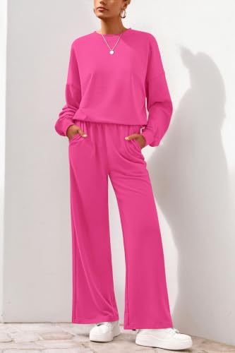 PRETTYGARDEN Women 2 Piece Outfits 2026 Fall Sweatsuits Crewneck Sweatshirt Wide Leg Sweatpants Lounge Sets Tracksuit(Rose Red,Medium) — view 2