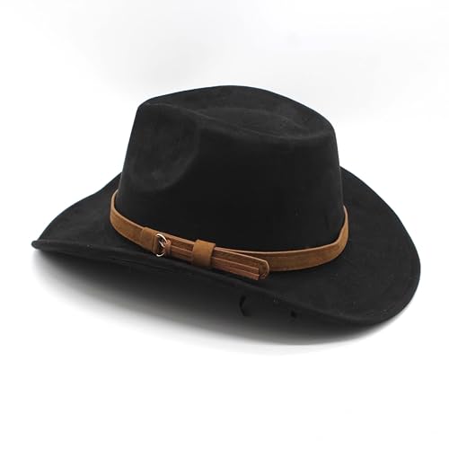 Image of Unisex Western Suede Cowboy Cowgirl Hat Classic Wide Brim Fedora Hat for Men &Women
