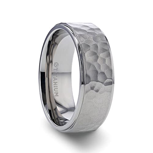 Thorsten Minister | Titanium Rings for Men | Lightweight Titanium | Comfort Fit | Polished Step Edges Titanium Ring with Raised Hammered Finish - 8mm - Size 12.5