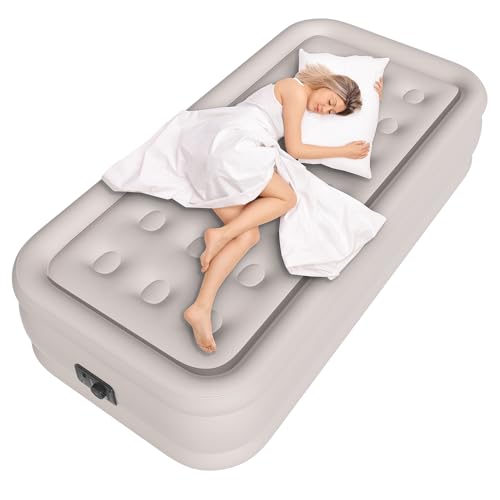 HikerSKY Twin Air Mattress with Built in Pump, Single Blow up Air Bed with Portable Storage Bag, Suitable for Home and Guests, Top Flocking, 18' Twin Khaki