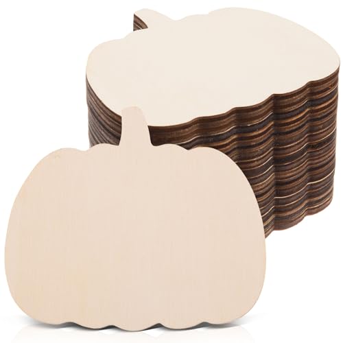 AWIZOM 36 Pcs Unfinished Pumpkin Wooden Cutouts Wooden Pumpkin Ornaments Blank Wood Pumpkin Slices for DIY Crafts Present Tags Fall Autumn Harvest Thanksgiving Halloween Hanging Decoration,4.7x4.1