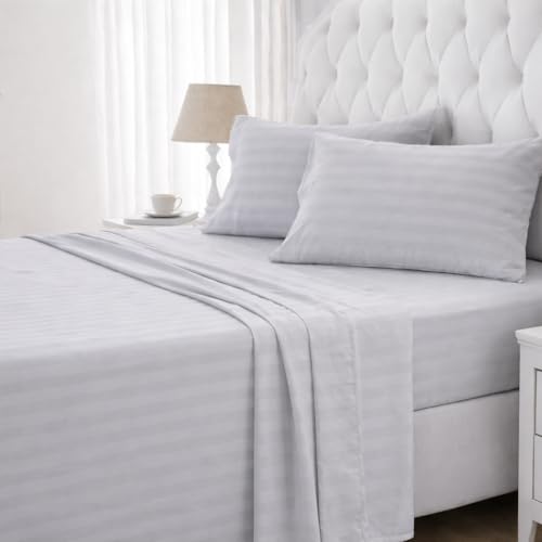 Image of Single Size Bedsheets for Single Bed 600 TC - Cotton Elastic Fitted Sheet (30 x 78 Inches) with 8 Inch Drop- Color Light Grey Stripe [ Fitted Sheet with 2 Pillow Cover]